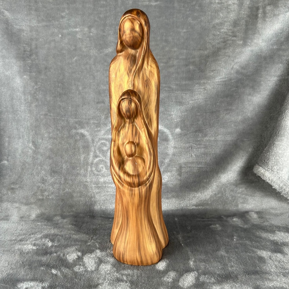 Faux Wood Holy Family Nativity Sculpture Faceless Minimalist Religious Decor 13"